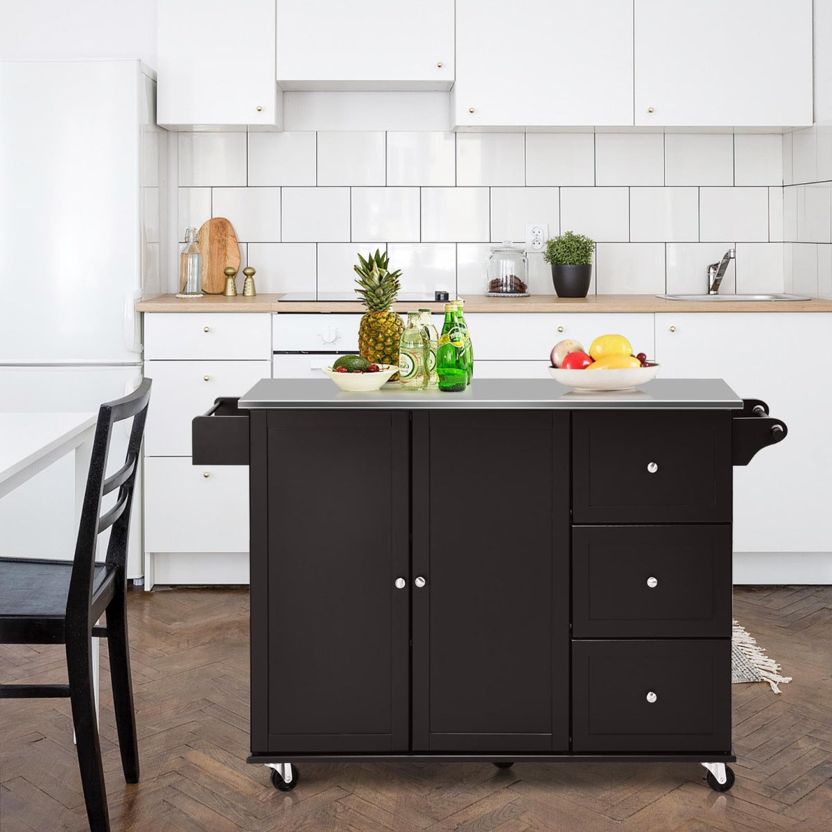 Carrito de Ilha de Cozinha com Tampo em Aço Inoxidável Prateleiras Ajustáveis Gavetas 135 x 45,5 x 91,5 cm - Castanho