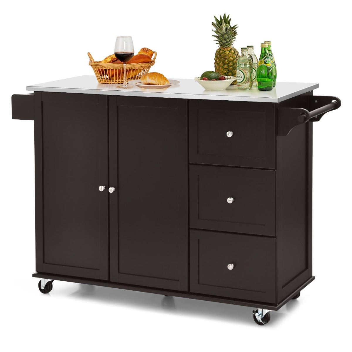 Carrito de Ilha de Cozinha com Tampo em Aço Inoxidável Prateleiras Ajustáveis Gavetas 135 x 45,5 x 91,5 cm - Castanho