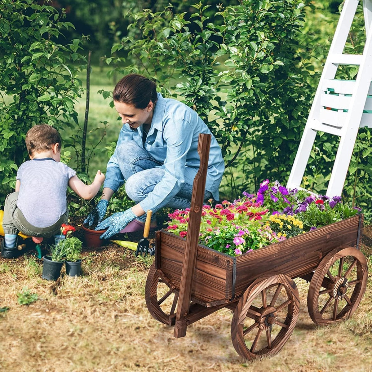 Carriça de Plantação em Madeira para Exterior Suporte de Carrinho de Jardim Decorativo para Plantas com 4 Rodas e Pega Castanha