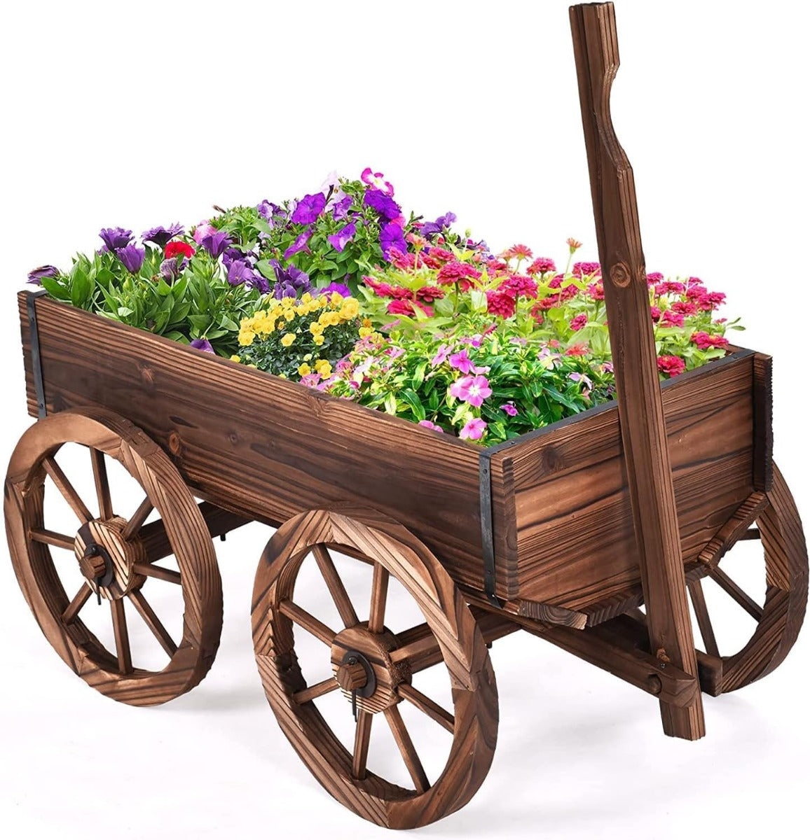 Carriça de Plantação em Madeira para Exterior Suporte de Carrinho de Jardim Decorativo para Plantas com 4 Rodas e Pega Castanha