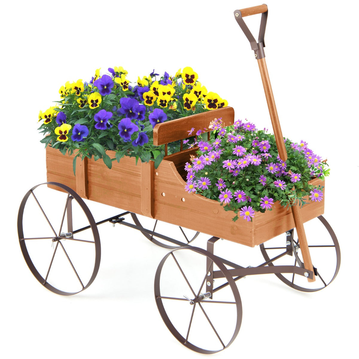Carro de Madeira C/ Rodas e 2 Secções p/ Plantas Jardim Pátio Natural 62 x 34 x 60 cm