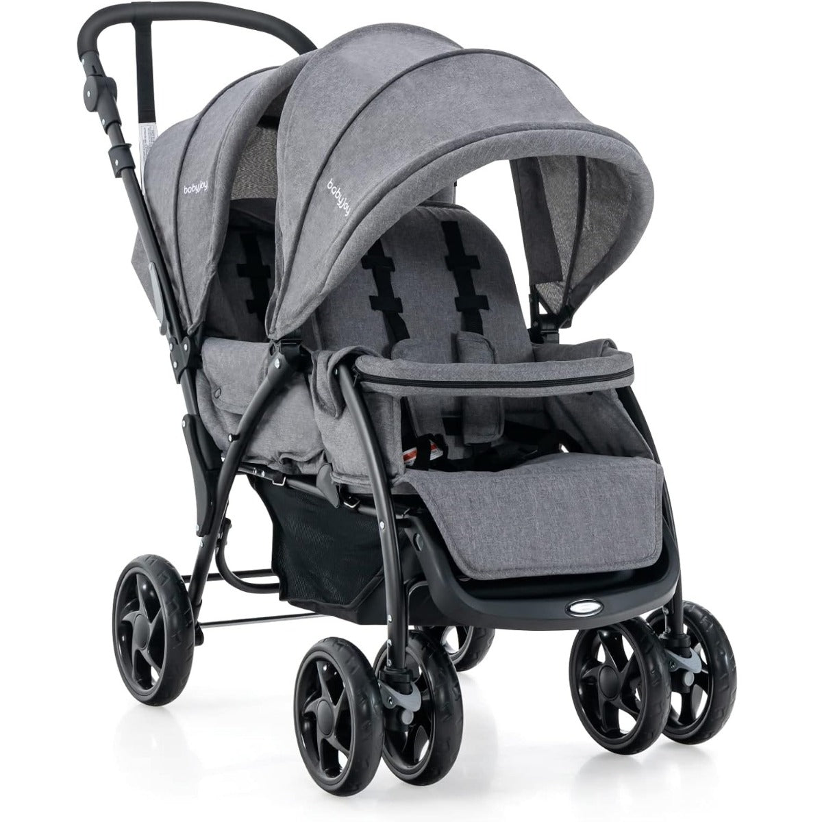 Carrito Duplo para Gémeos com Encosto Ajustável, Capota e Cinto de Segurança para Bebés 0-3 Anos Cinzento
