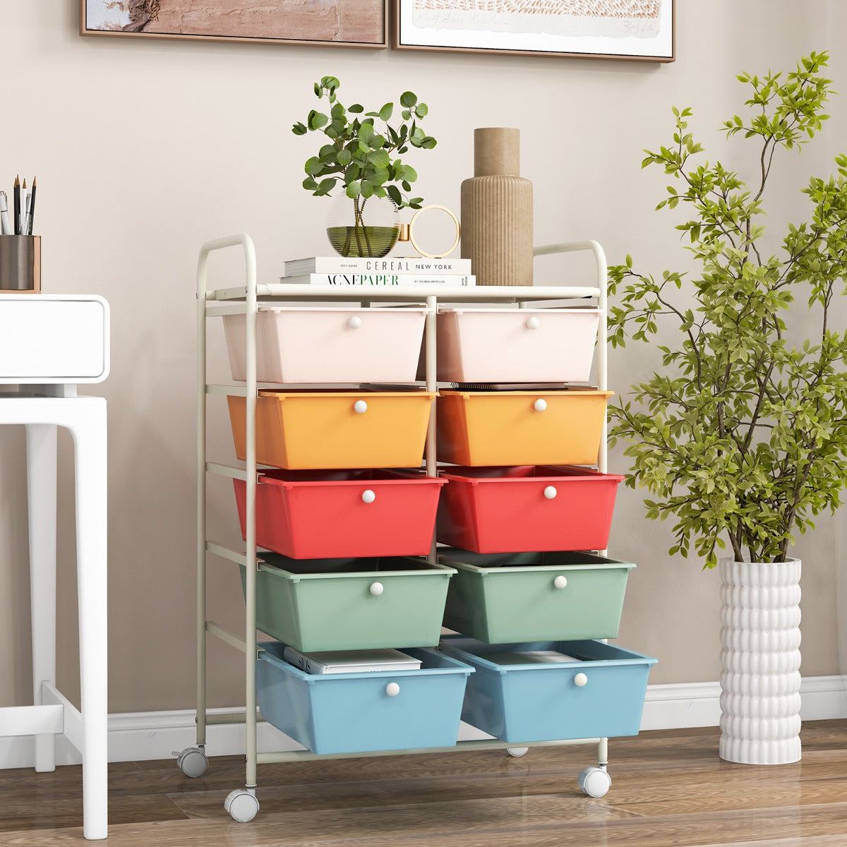 Carro de Arrumação Móvel Multiusos com 10 Gavetas Organizadoras para Álbuns de Recortes Sobre Rodas 65,5 x 37 x 87 cm - Multicolor 2