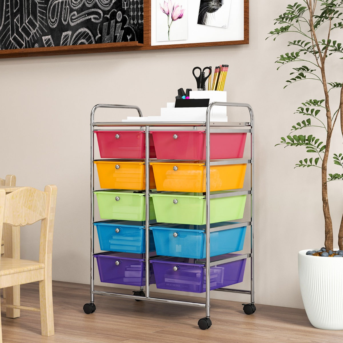 Carro de Armazenamento Multifuncional com 10 Gavetas Organizadoras para Álbuns de Recortes sobre Rodas 65,5 x 37 x 87 cm - Multicolor