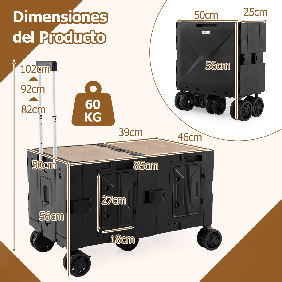 Carrinho Utilitário Grande com Caixas de Armazenamento de 2 Níveis 5 Rodas Carrinho Portátil Dobrável para Compras Campismo Preto