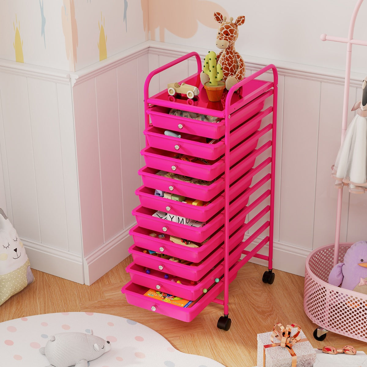 Carrinho Auxiliar com Rodas e 10 Gavetas Removíveis em Estrutura de Metal para Casa de Banho Escritório 33 x 37 x 86 cm Rosa Escuro