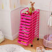 Carrinho Auxiliar com Rodas e 10 Gavetas Removíveis em Estrutura de Metal para Casa de Banho Escritório 33 x 37 x 86 cm Rosa Escuro