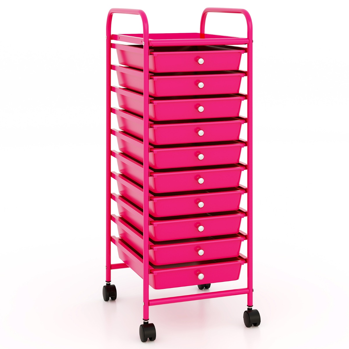 Carrinho Auxiliar com Rodas e 10 Gavetas Removíveis em Estrutura de Metal para Casa de Banho Escritório 33 x 37 x 86 cm Rosa Escuro