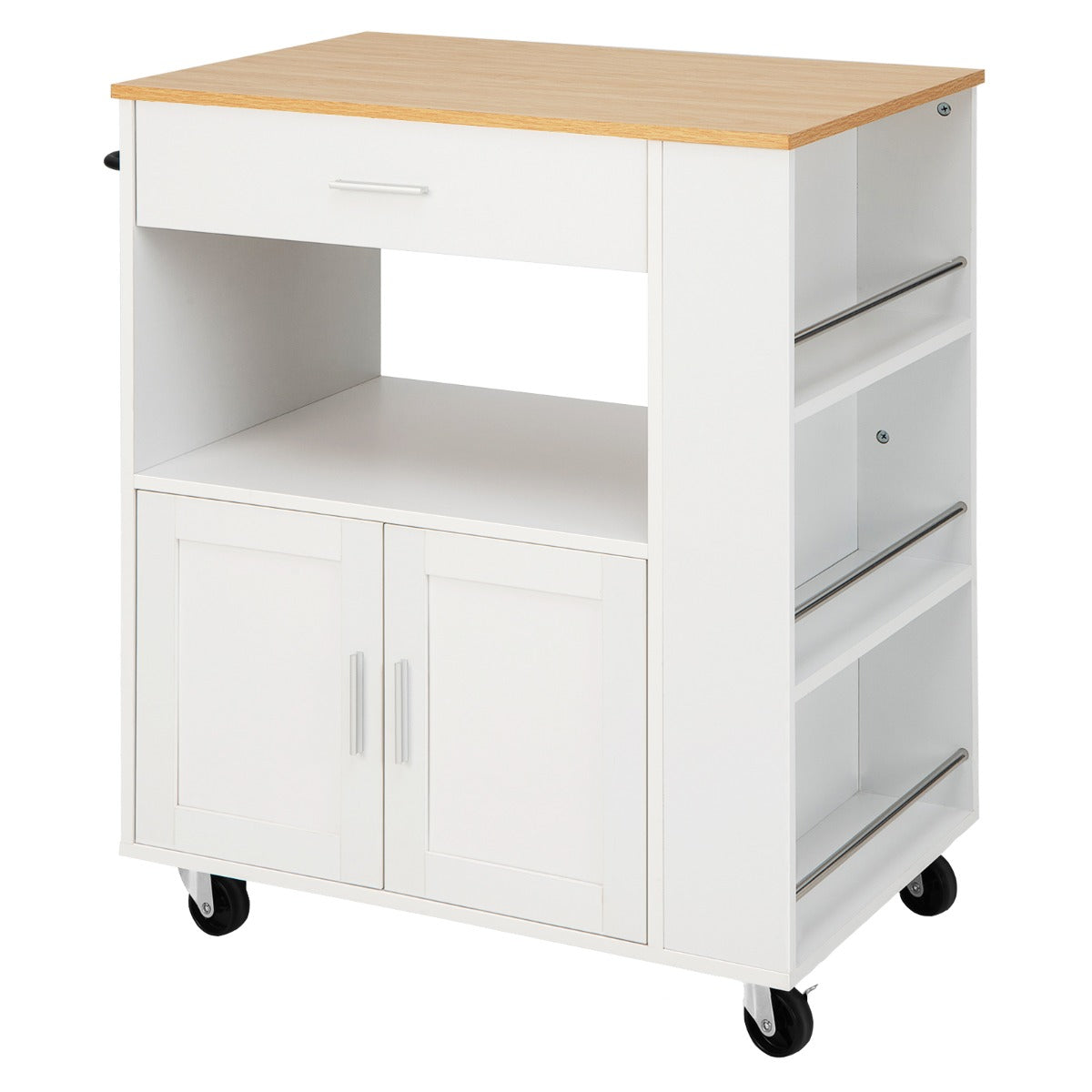 Carrito de Cozinha com Rodas e 3 Prateleiras Abertas para Especiarias Gaveta Armário Grande com 2 Portas e Suporte para Toalhas 75 x 50 x 92 cm Branco