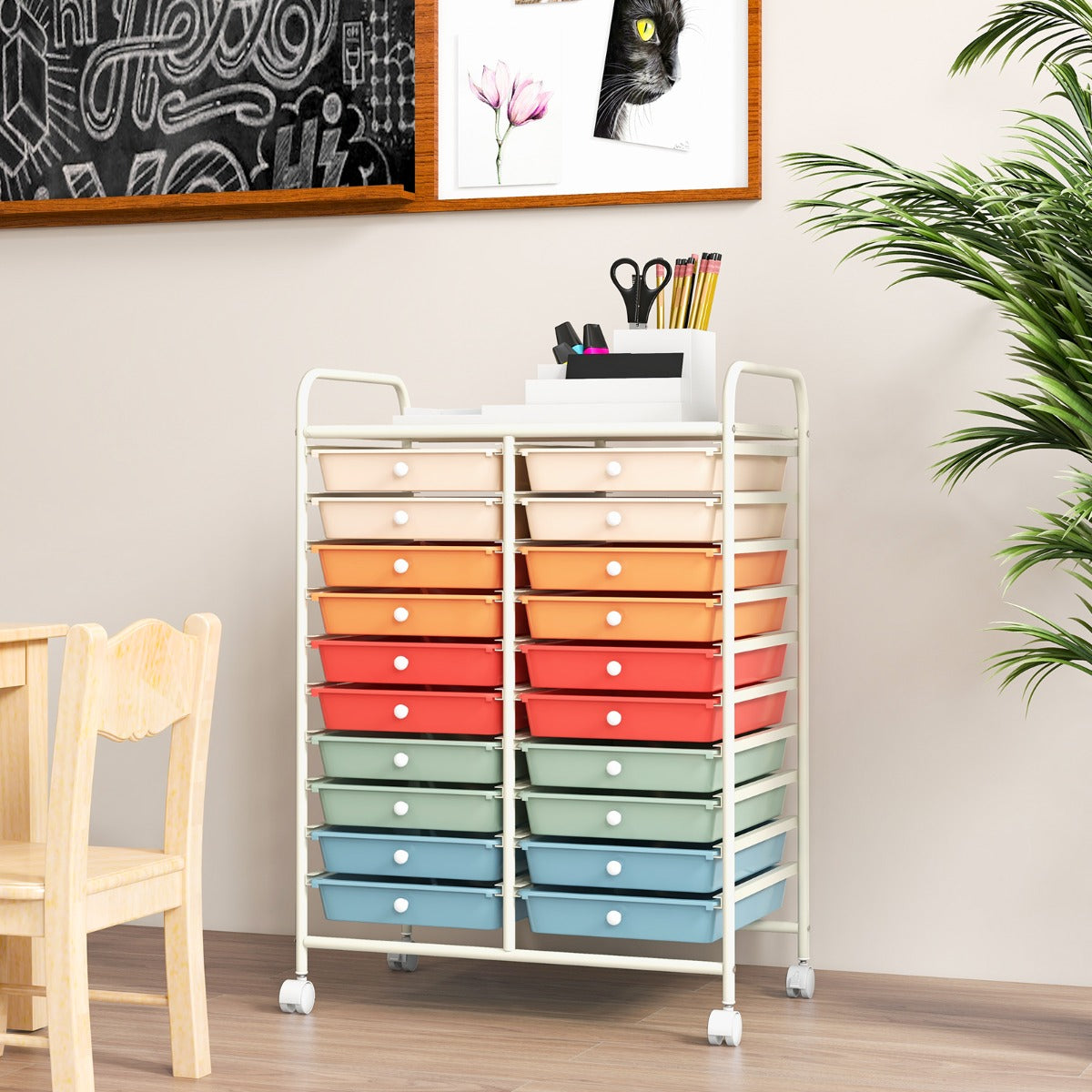 Carrinho com 20 Gavetas Organizador Multiusos Leve para Escola Escritório Sala de Estar 64 x 39 x 88 cm - Multicor 2