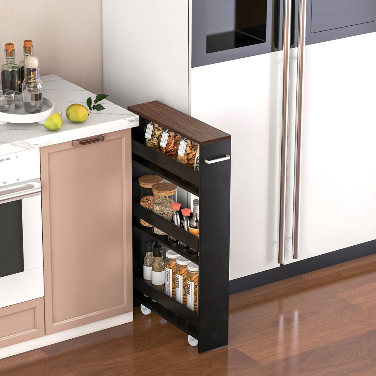 Carrinho de Armazenamento de Cozinha Estreito com 4 Prateleiras Rodas Organizador Móvel Poupa Espaço para Casa de Banho 48 x 13 x 81 cm Preto+Castanho