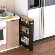 Carrinho de Armazenamento de Cozinha Estreito com 4 Prateleiras Rodas Organizador Móvel Poupa Espaço para Casa de Banho 48 x 13 x 81 cm Preto e Natural