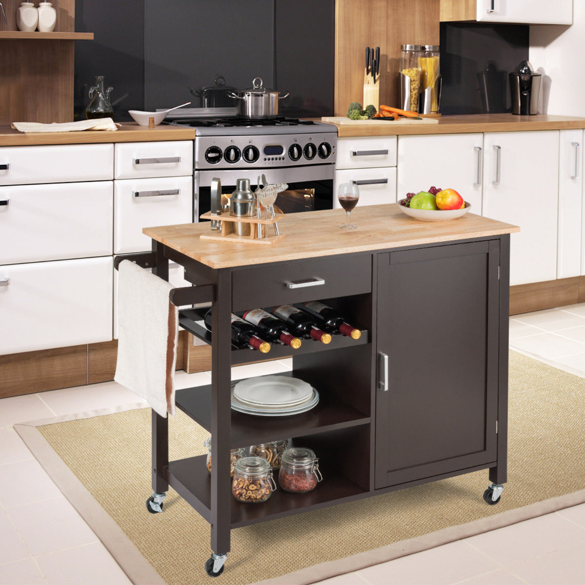 Carro de Cozinha Giratório com Gavetas Porta-garrafas Prateleiras Abertas Armário Toalheiro Ilha de Serviço de Refeições 100 x 48 x 90 cm Castanho