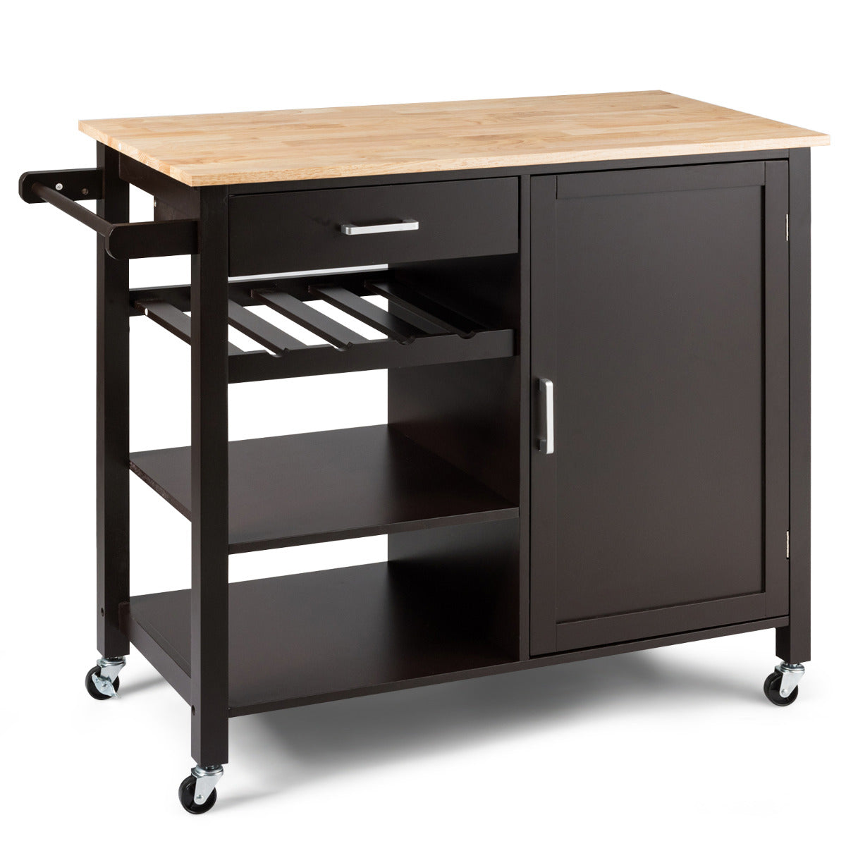 Carro de Cozinha Giratório com Gavetas Porta-garrafas Prateleiras Abertas Armário Toalheiro Ilha de Serviço de Refeições 100 x 48 x 90 cm Castanho