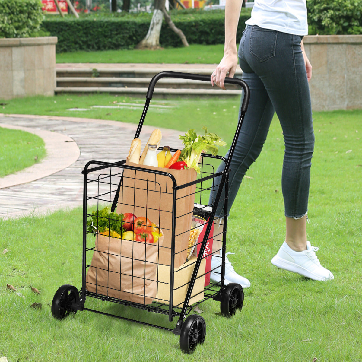 Carrinho de Compras Dobrável Leve e Grande com Rodas Giratórias Capacidade de 45 kg Portátil para Lavandaria Bagagem 57 x 58 x 91cm Preto