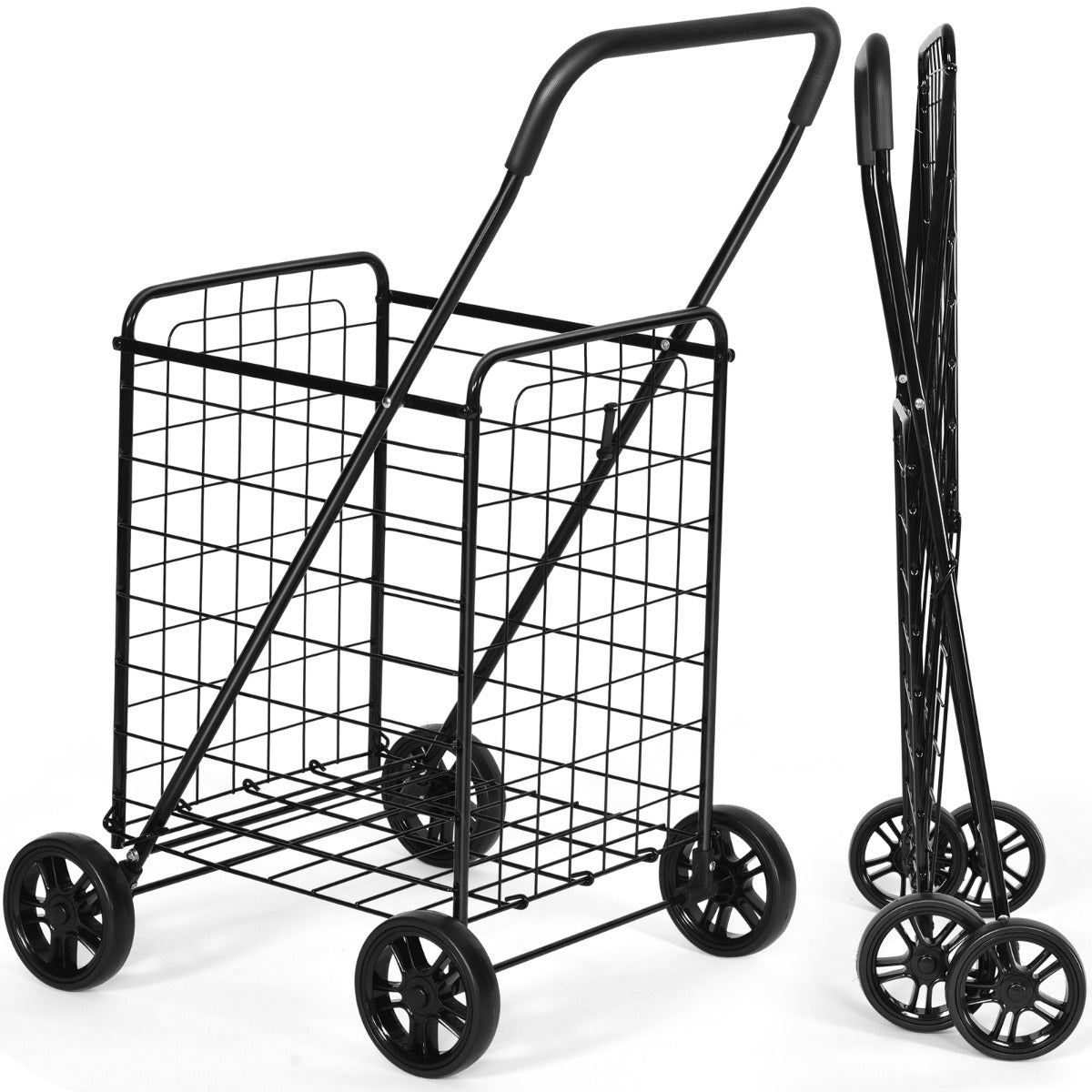 Carrinho de Compras Dobrável Leve e Grande com Rodas Giratórias Capacidade de 45 kg Portátil para Lavandaria Bagagem 57 x 58 x 91cm Preto