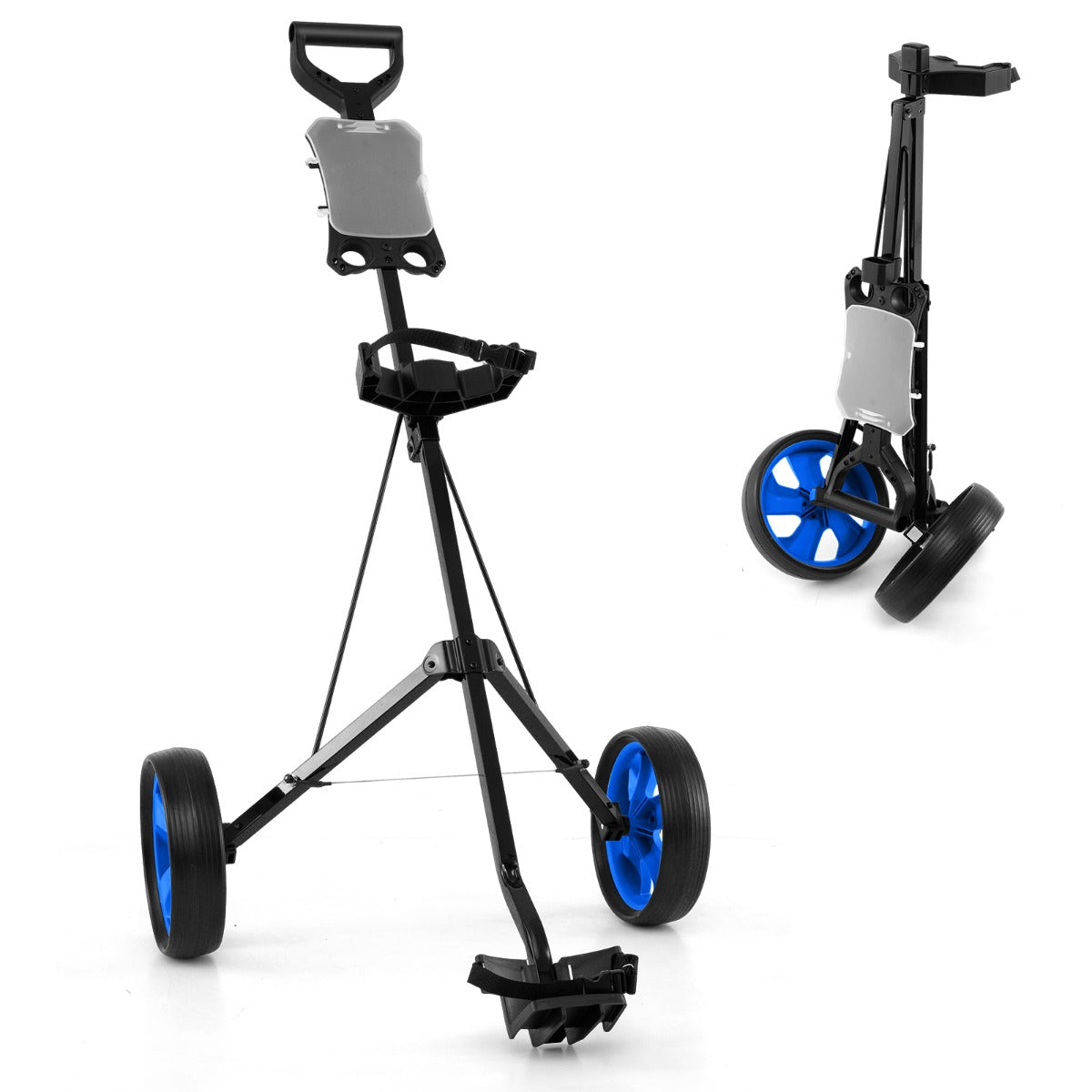 Carrinho de Golfe Dobrável Portátil Multifuncional com 2 Rodas e Porta Guarda-Sol 69 x 98 x 112 cm - Azul