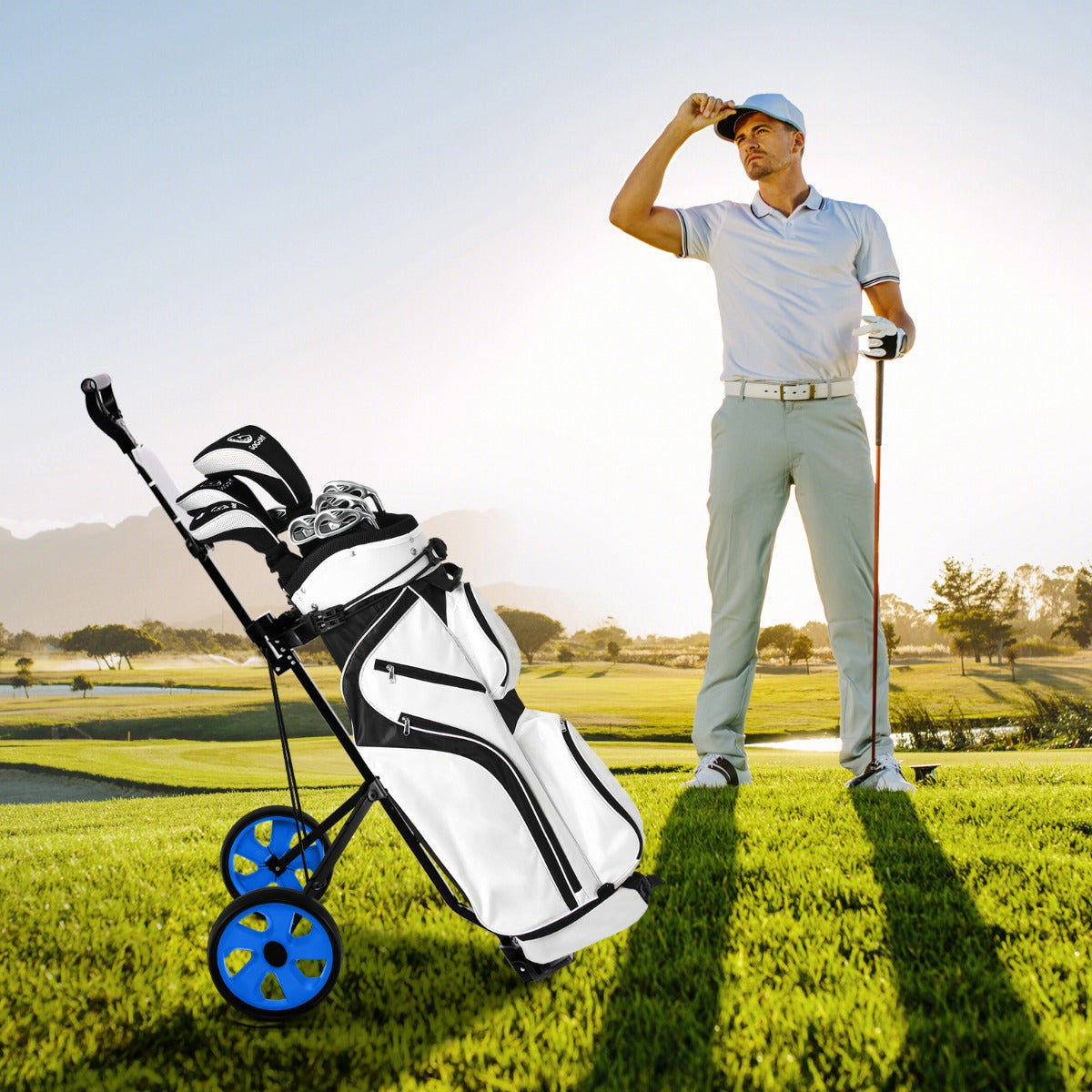 Carrinho de Golfe Dobrável Portátil Multifuncional com 2 Rodas e Porta Guarda-Sol 69 x 98 x 112 cm - Azul
