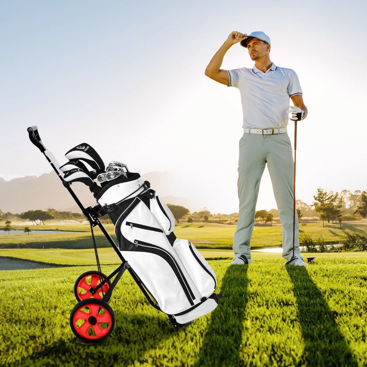 Carrinho de Golfe Dobrável Portátil Multifuncional com 2 Rodas e Suporte para Guarda-Sol 69 x 98 x 112 cm - Vermelho