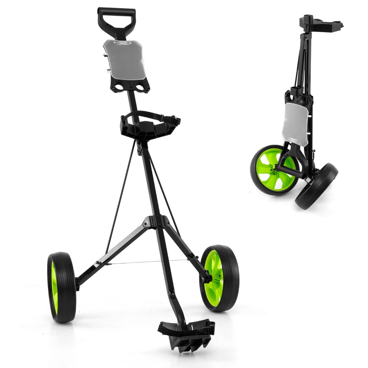 Carrinho de Golfe Dobrável Portátil Multifuncional com 2 Rodas e Marcador Porta Guarda-Chuva 69 x 98 x 112 cm - Verde