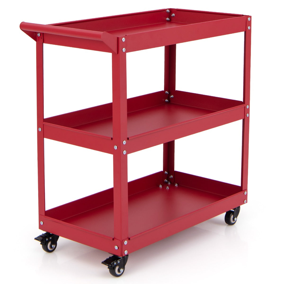Carrinho de Ferramentas em Metal com Rodas de 3 Níveis e 3 Prateleiras Espaçosas - Vermelho