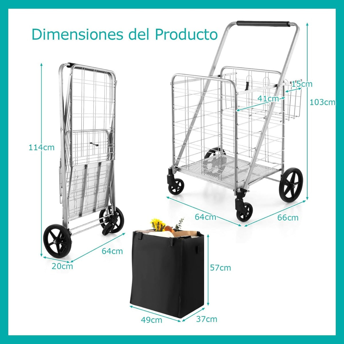 Carrinho de Compras Dobrável 126L Portátil Grande com Rodas Universais e 2 Cestos Saco Impermeável Removível Capacidade de 150kg