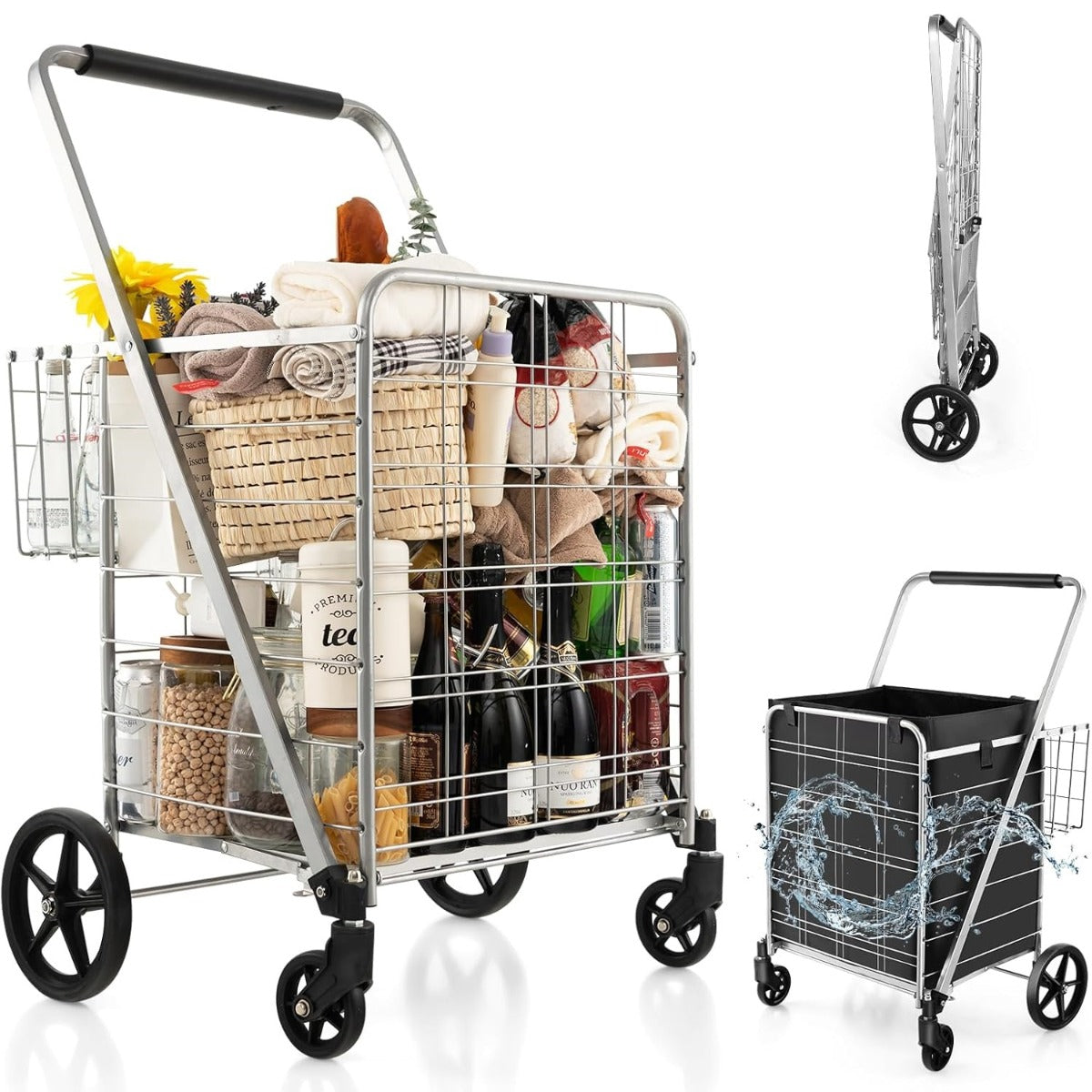 Carrinho de Compras Dobrável 126L Portátil Grande com Rodas Universais e 2 Cestos Saco Impermeável Removível Capacidade de 150kg