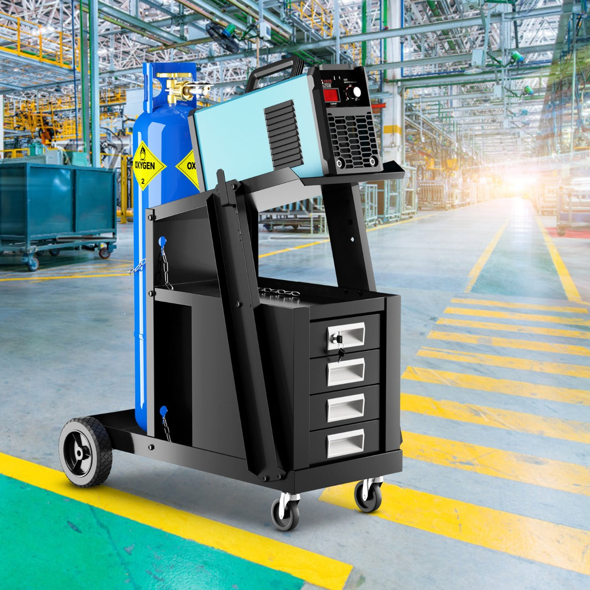 Carro de Soldadura com 4 Gavetas e Armazenamento de Tanque e Corrente de Segurança para TIG MIG ARC e Cortador de Plasma Preto