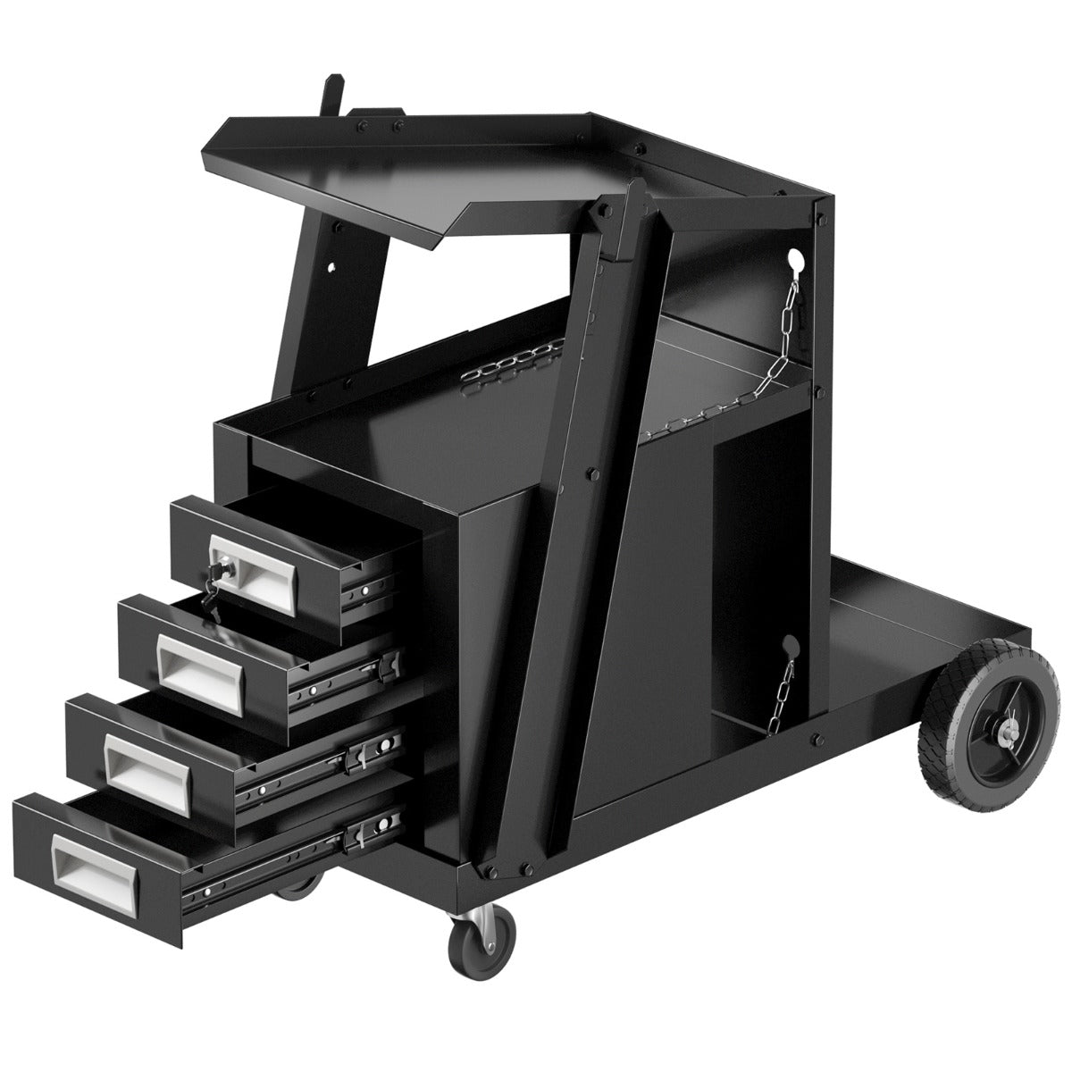 Carro de Soldadura com 4 Gavetas e Armazenamento de Tanque e Corrente de Segurança para TIG MIG ARC e Cortador de Plasma Preto