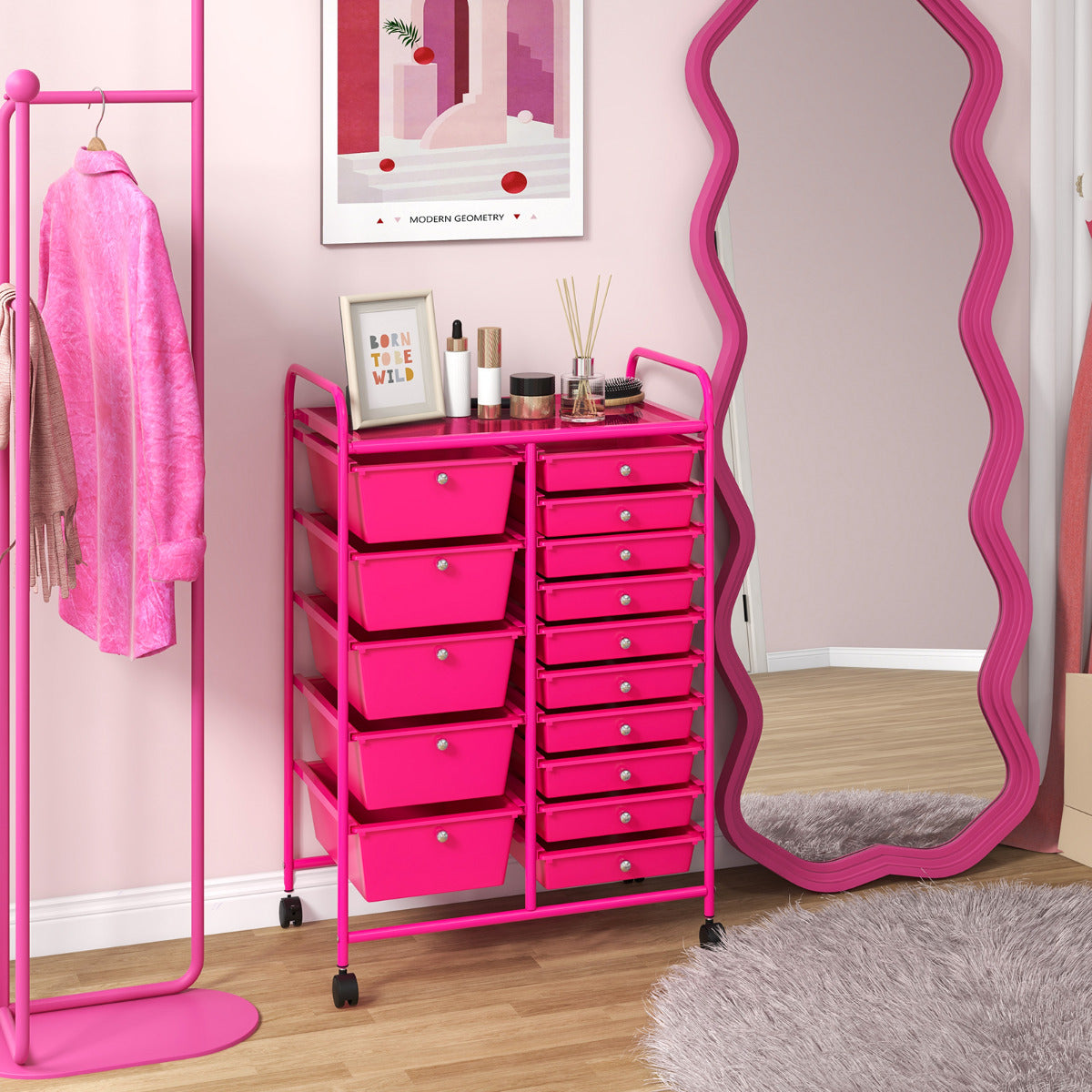 Organizador Multiusos com Gavetas Removíveis e Rodas Bloqueáveis 63 x 37 x 87cm Rosa Escuro