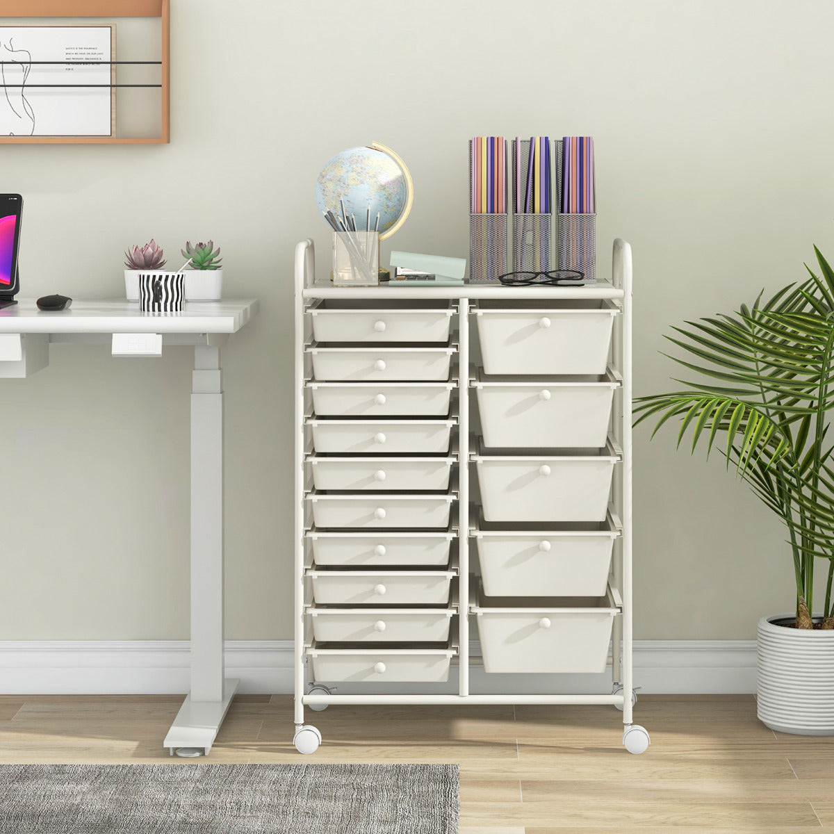 Organizador Multiusos com Gavetas Removíveis e Rodas Bloqueáveis 63 x 37 x 87cm Branco