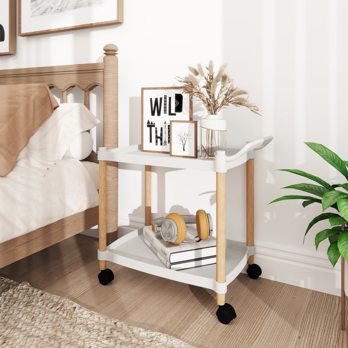 Carrinho de 2 Níveis – 52,5 x 33,5 x 50 cm – Branco – Plástico e Madeira de Faia