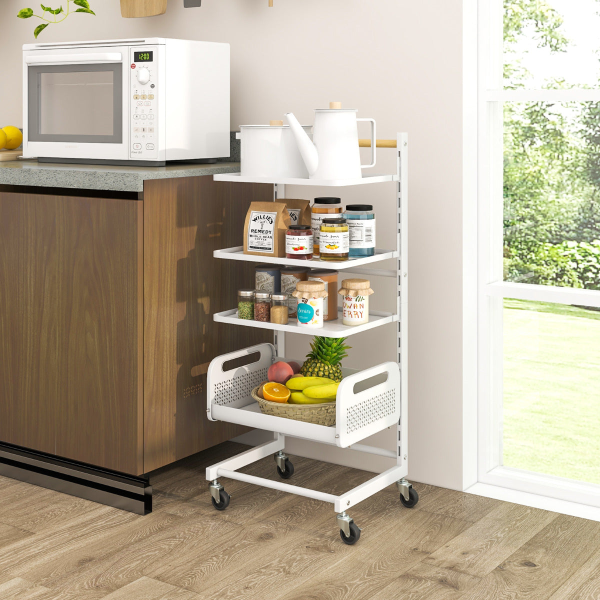 Carrinho de Metal de 4 Níveis com Rodas e Pegas de Madeira – Branco