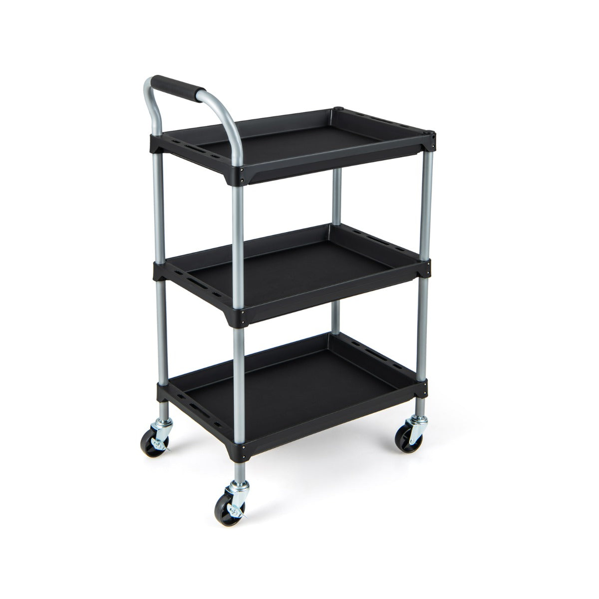 Carrinho de Ferramentas de 3 Camadas com Prateleiras de PP, Pega Alcochoada e Rodas Giratórias para Garagem, Armazém, Cozinha 64 x 40 x 102 cm Preto
