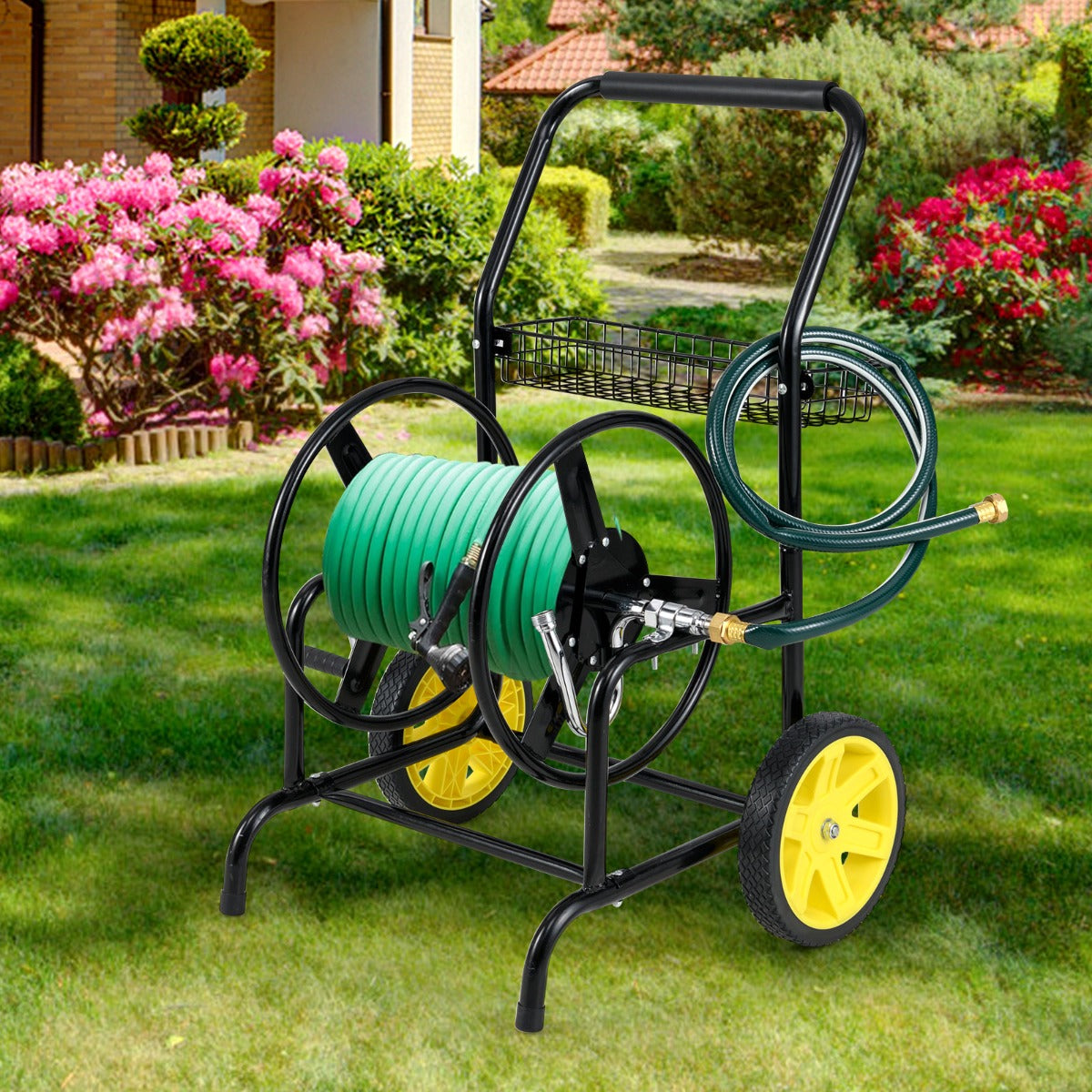 Organizador de Mangueira de Jardim com Rodas Estrutura de Metal Cesta de Armazenamento Preto