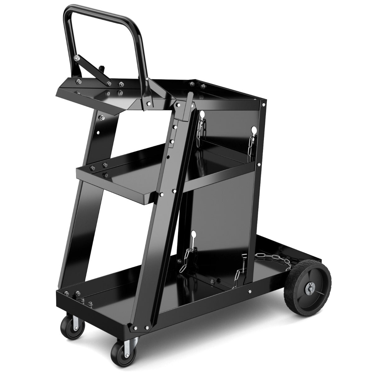 Carrinho de Soldadura de 3 Níveis para Trabalho Pesado com 2 Correntes de Segurança Rodas Giratórias 2 Ganchos Laterais Capacidade de 50 kg
