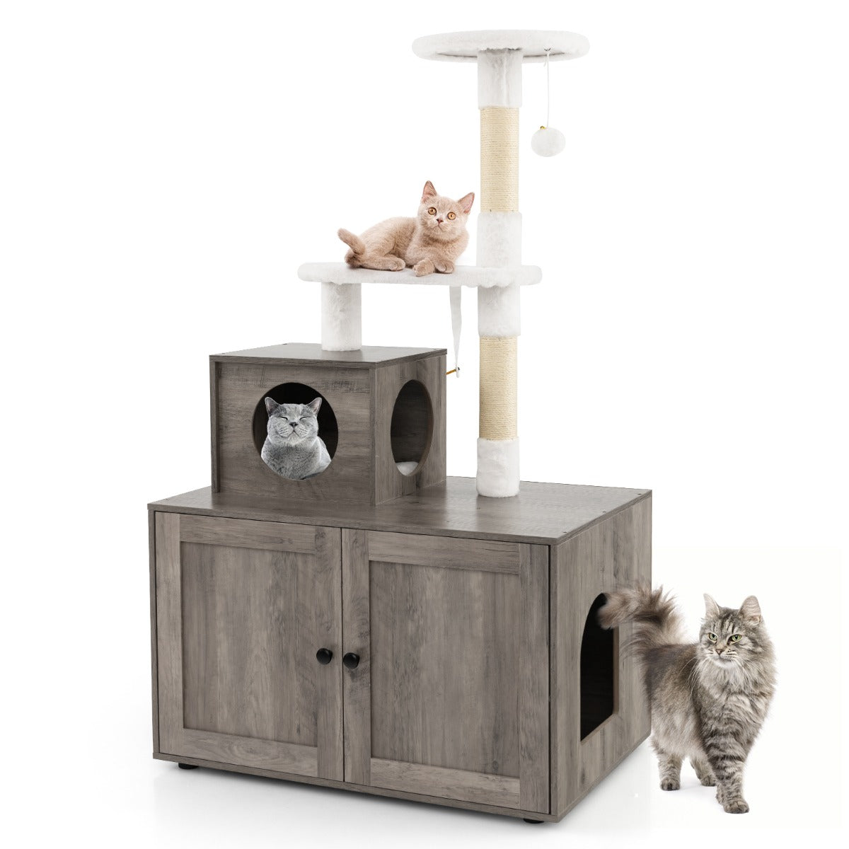 Casa para Gatos com Armário para Guardar Caixa de Areia e Torre Arranhador - Cinzento