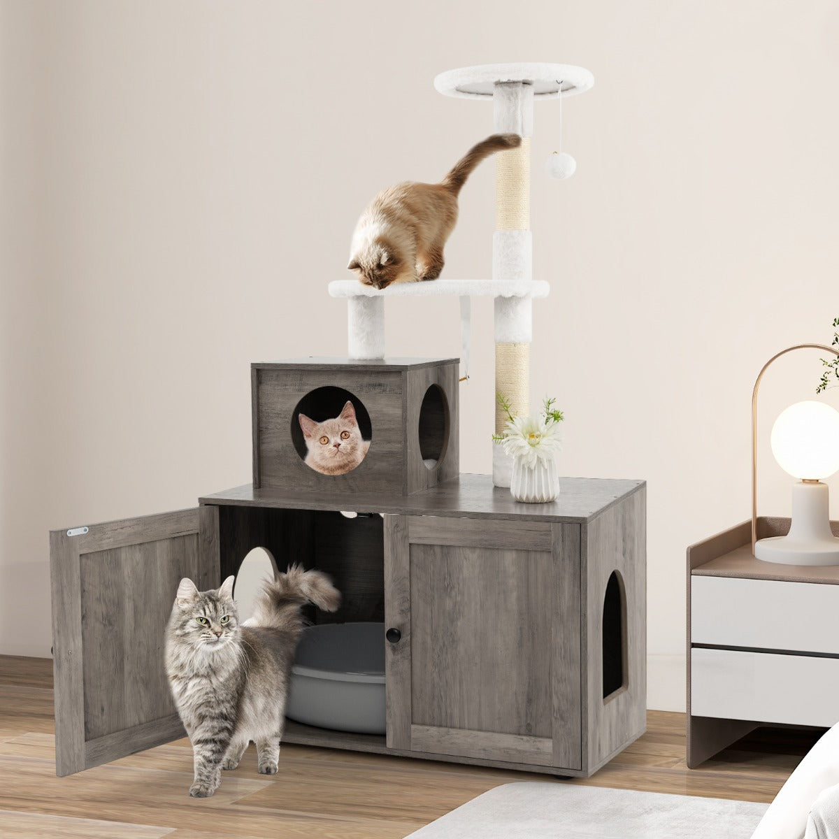 Casa para Gatos com Armário para Guardar Caixa de Areia e Torre Arranhador - Cinzento