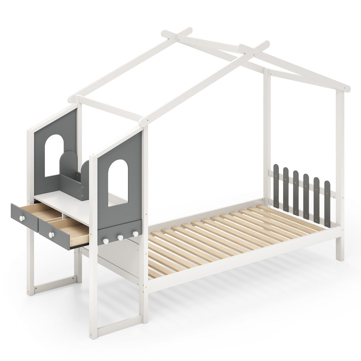 Cama Individual com Escritório Casa Plataforma com 18 Ripas de Madeira Branco e Cinzento-Duplo