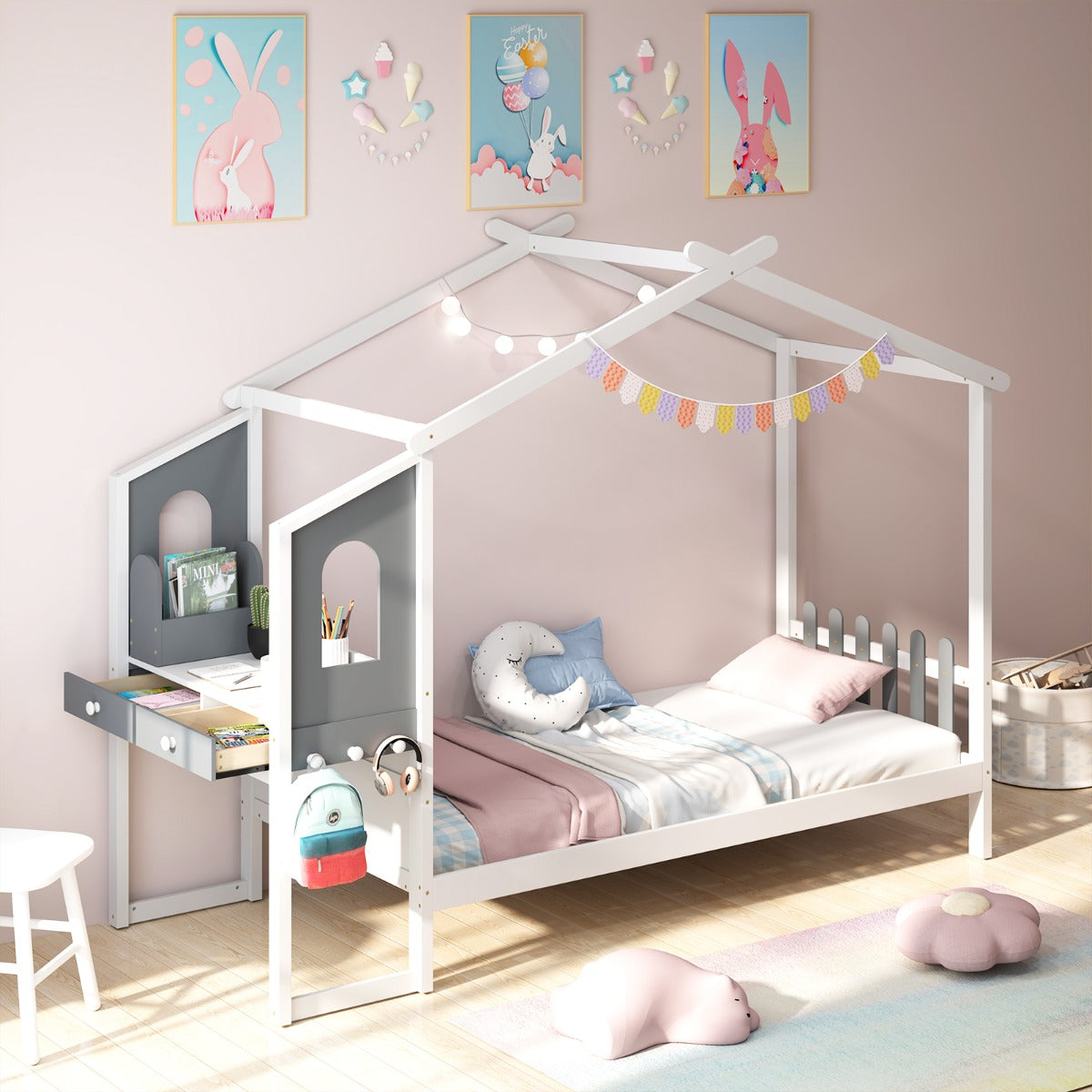 Cama Individual com Escritório Casa Plataforma com 18 Ripas de Madeira Branco e Cinzento-Duplo