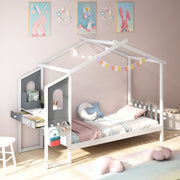 Cama Individual com Escritório Casa Plataforma com 18 Ripas de Madeira Branco e Cinzento-Duplo