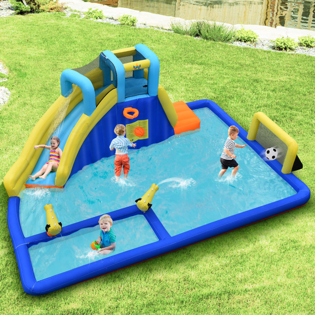 Parque Aquático Insuflável com Insuflador 680 W Castelo Insuflável 6 em 1 para Crianças com 2 Piscinas Escorrega Parede de Escalada 526 x 373 x 203 cm