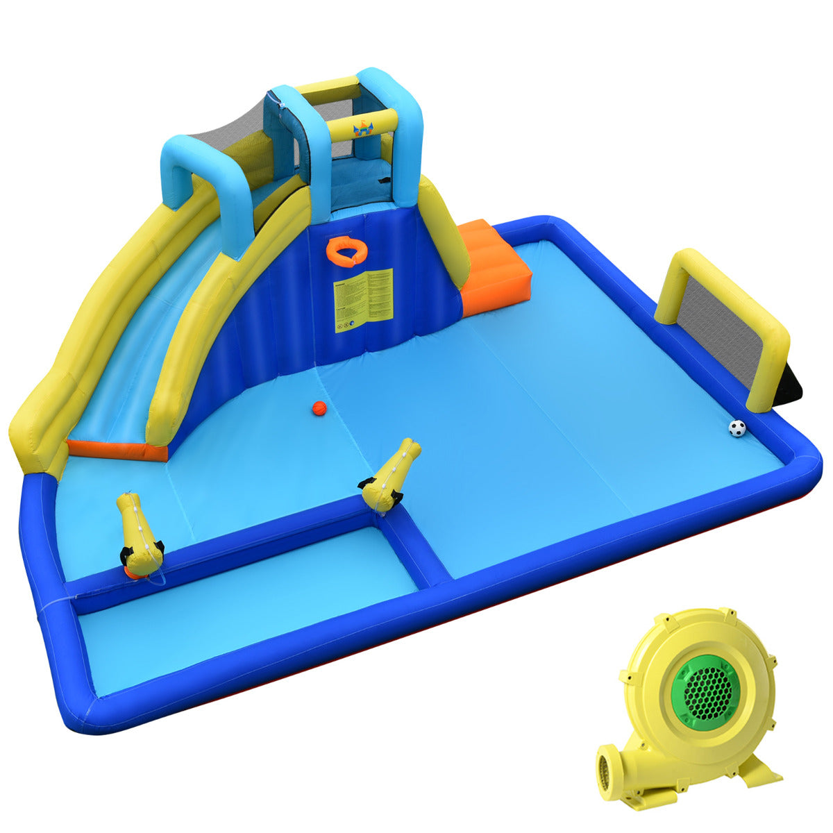 Parque Aquático Insuflável com Insuflador 680 W Castelo Insuflável 6 em 1 para Crianças com 2 Piscinas Escorrega Parede de Escalada 526 x 373 x 203 cm