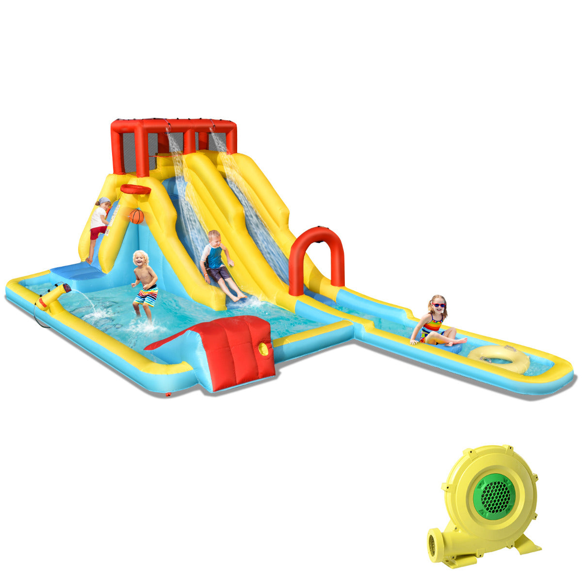 Casa Insuflável de Rebentamento Infantil com Insuflador Parque Aquático com Duplo Escorrega Jogo de Basquetebol Pistola de Água 622 x 335 x 225 cm
