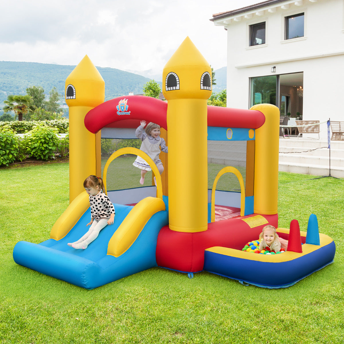 Casa Inflável de Salto com Soprador 480W - Castillo Hinchable para Crianças com Escorrega, Cesto de Basquetebol e Piscina 306 x 288 x 239 cm