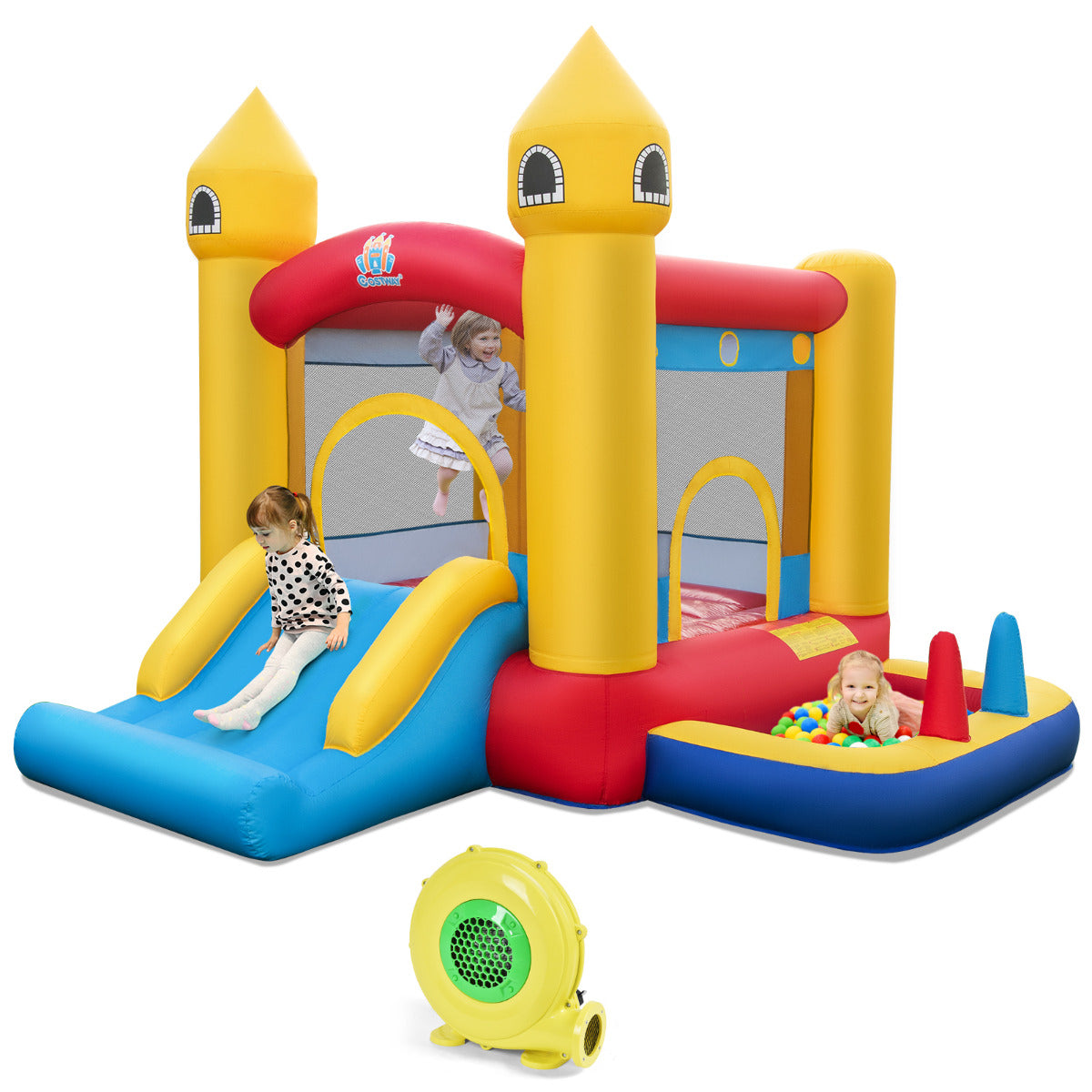 Casa Inflável de Salto com Soprador 480W - Castillo Hinchable para Crianças com Escorrega, Cesto de Basquetebol e Piscina 306 x 288 x 239 cm