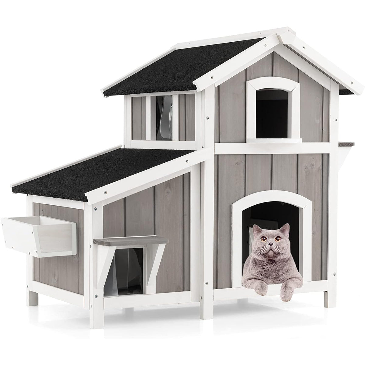 Casa para Gatos de 2 Pisos em Madeira para Exterior com Telhado Asfáltico Impermeável - Cinzento