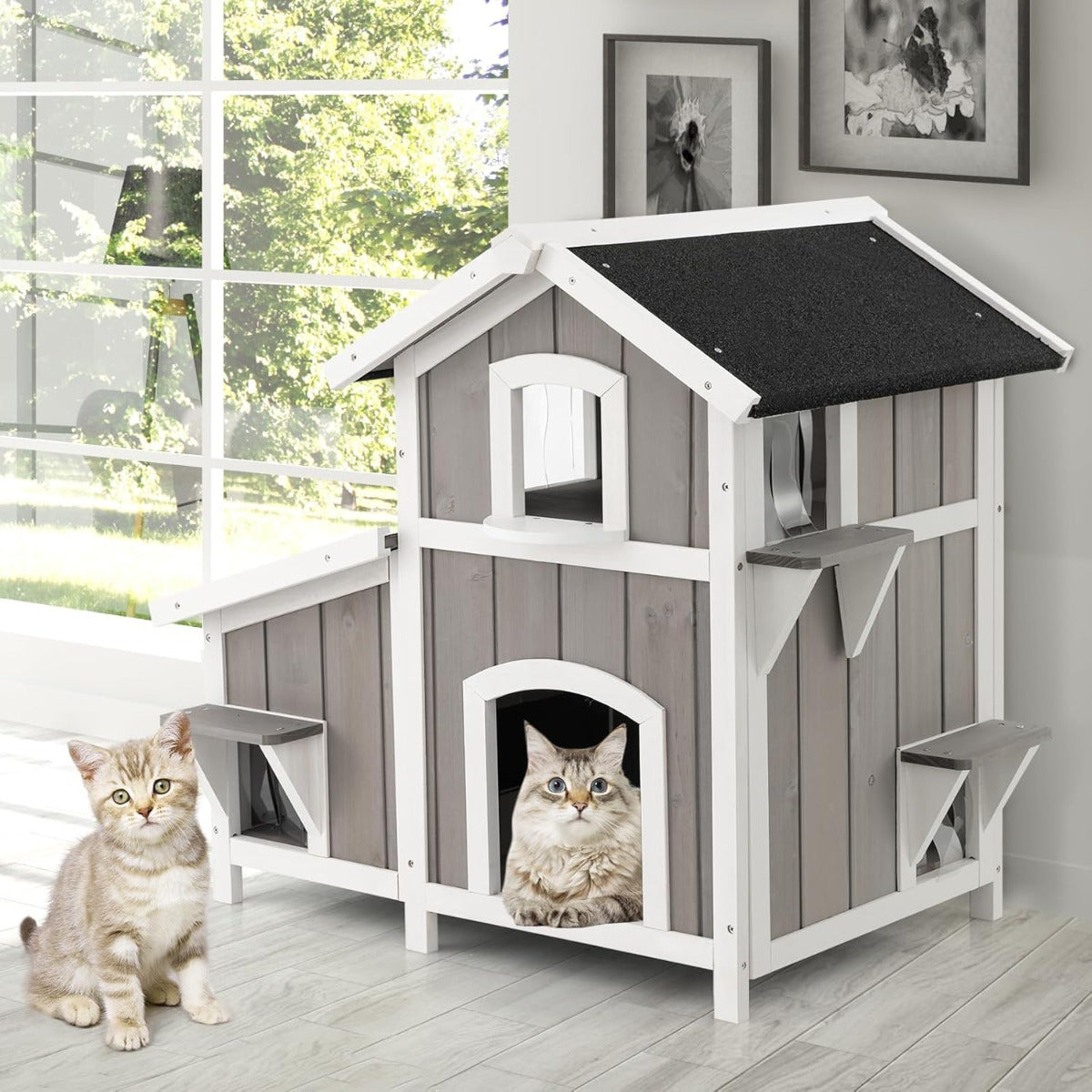 Casa para Gatos de 2 Pisos em Madeira para Exterior com Telhado Asfáltico Impermeável - Cinzento
