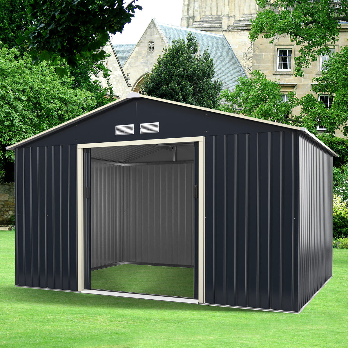 Abrigo de Jardim de Metal para Exterior Cobertizo com 4 Respiradouros Portas Individuais de Correr Casinha Organizadora para Jardim 340 x 255 x 210 cm