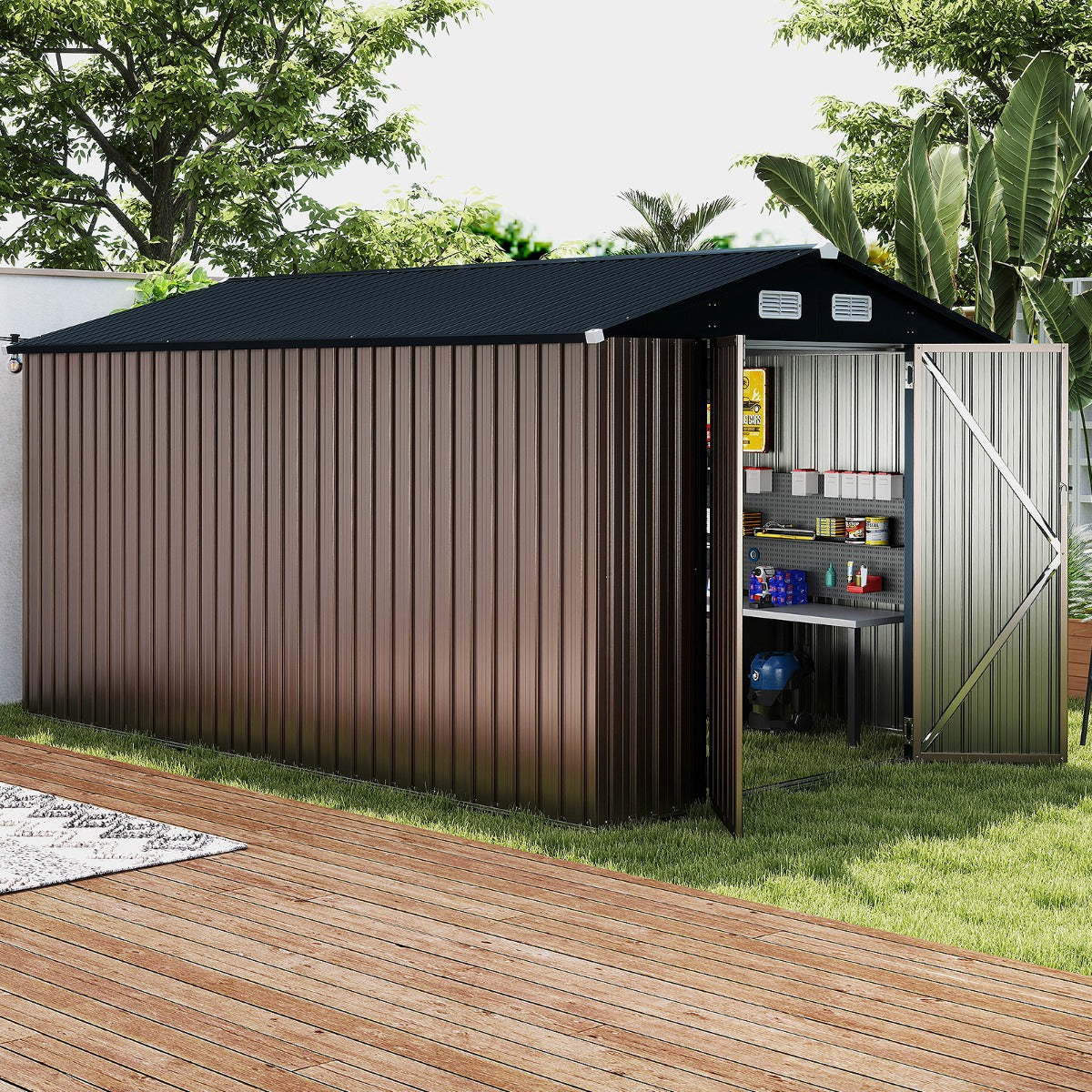Abrigo de Jardim Espaçosa para Ferramentas com Telhado Inclinado Portas com Fechadura e Chaves 350 x 223 x 197 cm Cinzento